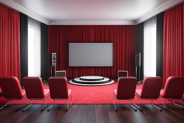 Sala vermelha com cortinas e uma tela de smartphone em frente às cadeiras conceito de cinema móvel internet estréia de filme conferência de negócios ou teatro mock up renderização 3D