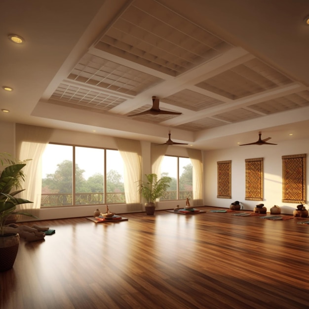 Una sala de yoga de madera.