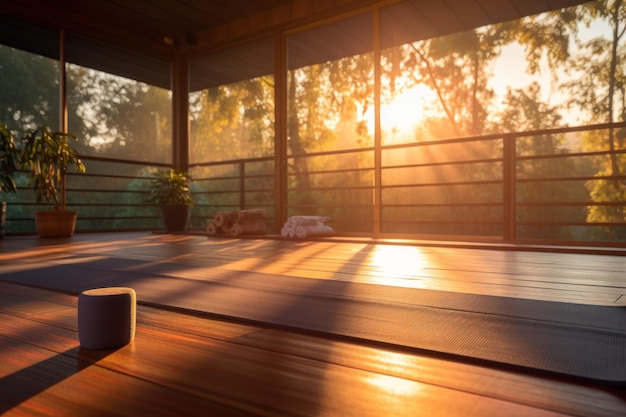 Foto una sala de yoga vacía la puesta de sol crea una luz cálida que llena el espacio con una atmósfera acogedora expandiendo la habitación en un vasto espacio abierto