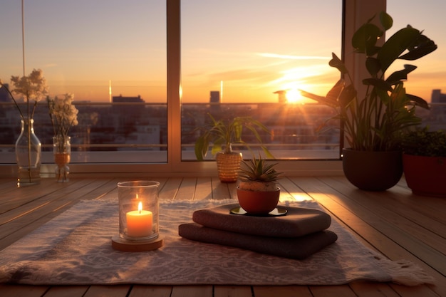 Foto una sala de yoga vacía la puesta de sol crea una luz cálida que llena el espacio con una atmósfera acogedora