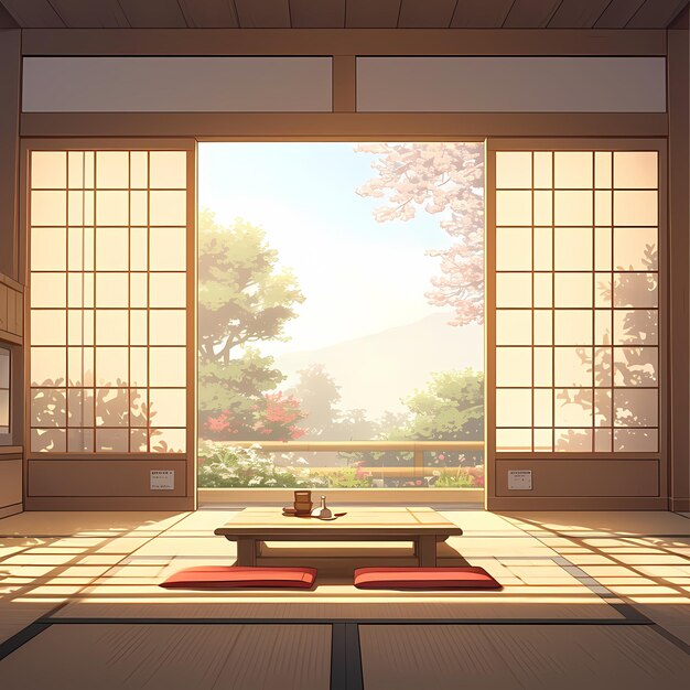 Sala Zen pacífica com luz natural e porta aberta