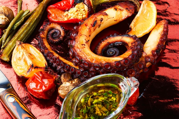 Salada apetitosa com tentáculo de polvo, quiabo, tomate e molho. Salada de frutos do mar