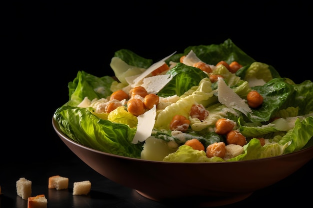 Salada caesar com croutons de frango grelhado, ovos de codorna e tomate cereja em mesa rústica de madeira Rede neural gerada por IA