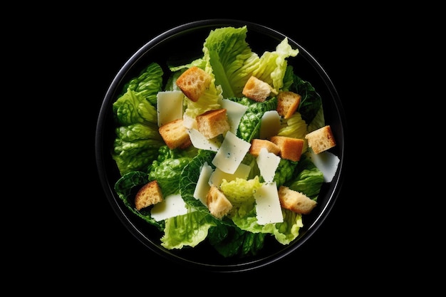 Salada Caesar vista superior fundo preto Generative AI