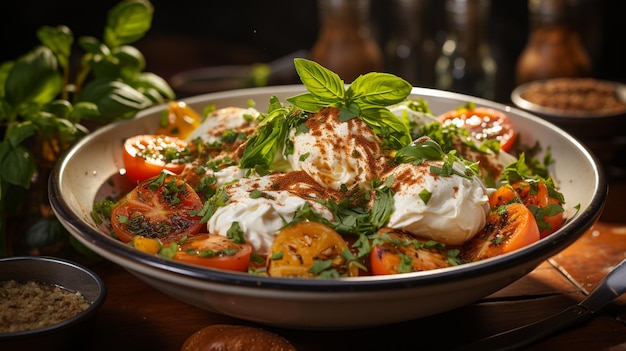 Salada caprese com queijo mussarela tomate e manjericãogenerative ai