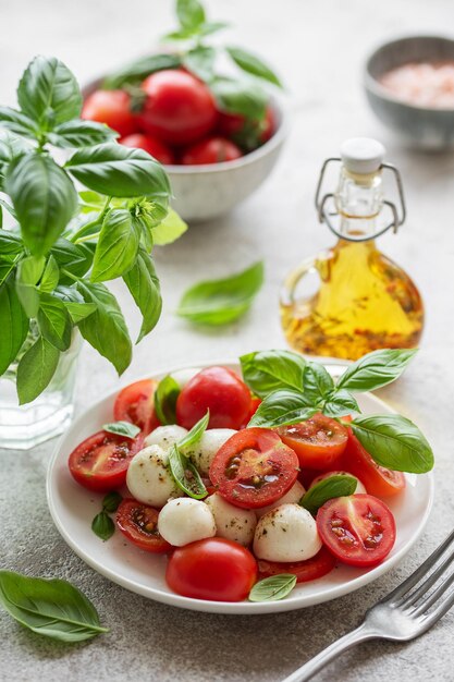 Salada Caprese com tomate mussarela e manjericão Comida saudável