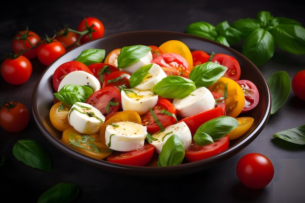 Salada caprese italiana com tomate fatiado queijo mussarela manjericão e azeite de oliva Rede neural gerada por IA