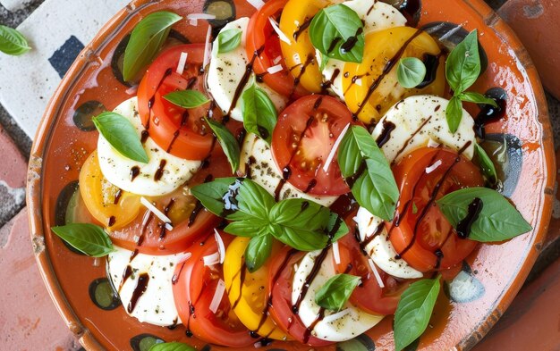 Foto salada caprese vibrante con tomates maduros mozzarella albahaca y glaseado balsámico