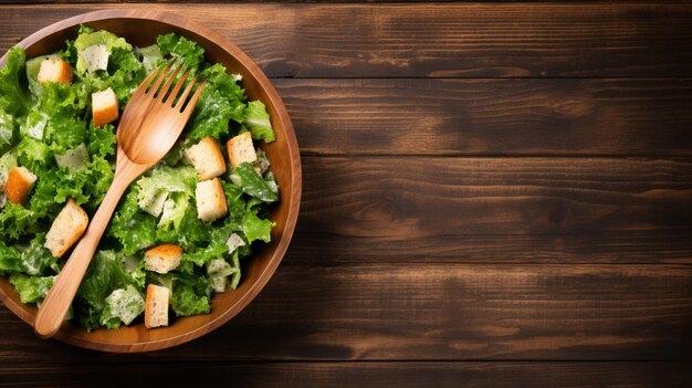 Salada César clássica com garfo de madeira em mesa de madeira rústica