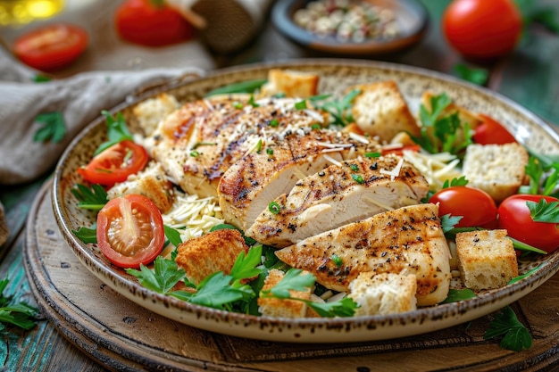 Salada César com croutons de peito de frango e parmesão em uma mesa de madeira