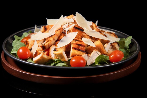 Salada César de frango grelhado clássico com queijo e croutons de fundo escuro