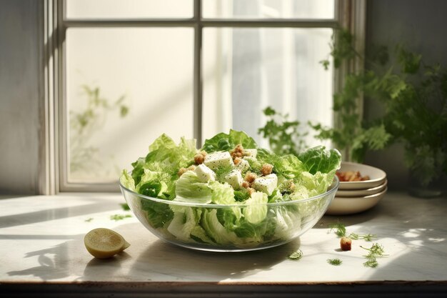 Foto salada césar num copo e num prato transparente