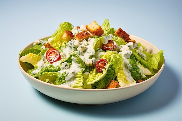Salada César sobre fundo azul claro