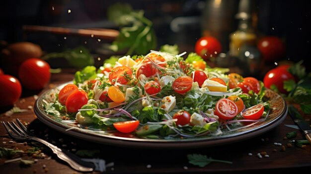 Salada cheia de vegetais, frutas e pedaços de ovo cozido em um fundo borrado
