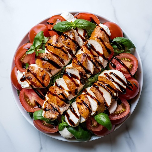 Foto salada clásica de caprese con pollo a la parrilla y glaseado balsámico