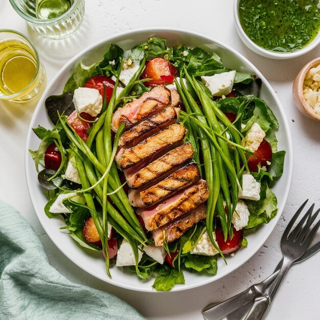 Foto salada clásica de nicoya con atún a la parrilla y verduras de frijol