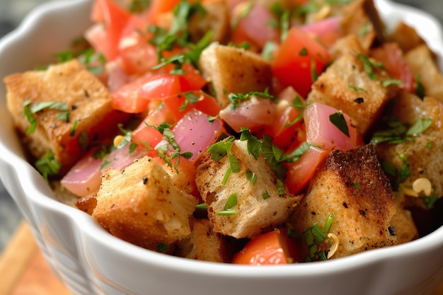 Salada clásica de panzanella con tomates y croutones