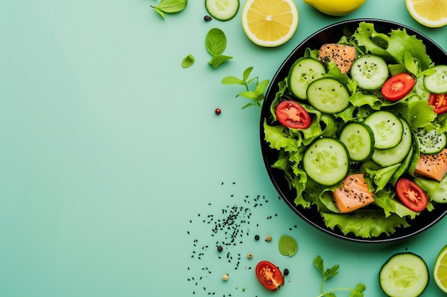 Salada colorida de salmão e vegetais com tempero de pimenta preta