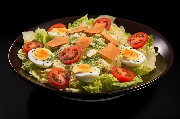 Foto salada com alface iceberg tomate gergelim crouton rocca e queijo de ovelha