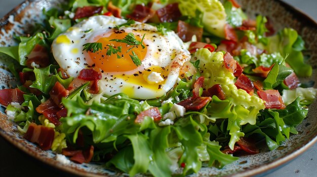 Salada com bacon de alface e ovo cozido em fundo de madeira