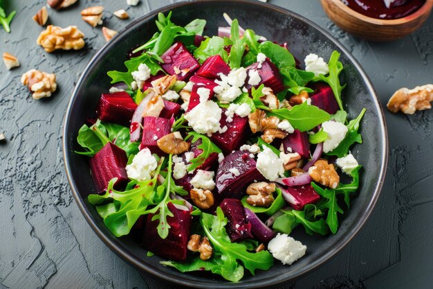 Salada com beterraba ou beterraba verde mistura de alface, nozes e queijo feta