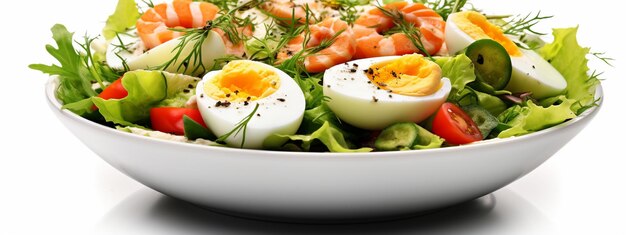 Salada com camarão, tomate, ovos, espargos, verduras e cebolas