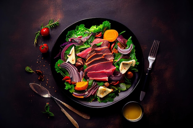 Salada com carne assada e legumes