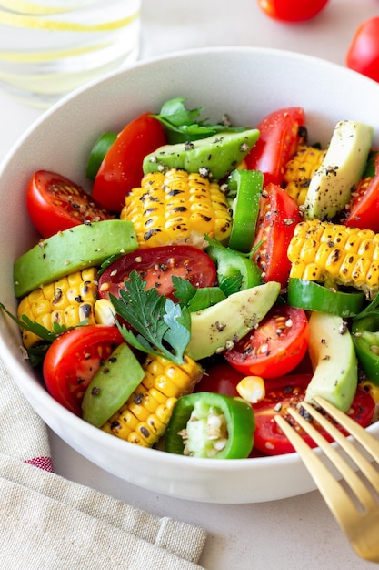 Salada com milho abacate tomate pimentas e salsa Alimentação saudável Comida vegetariana