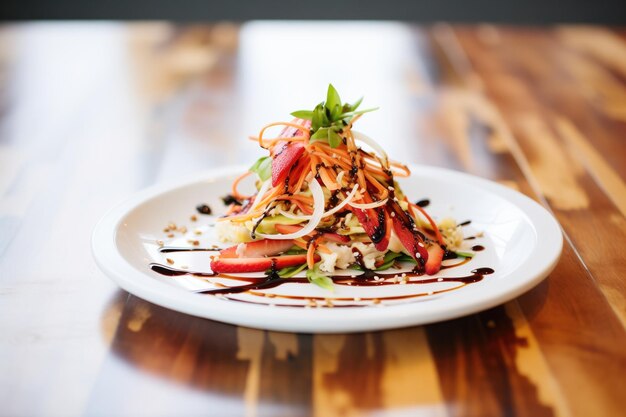 Salada com morangos em fatias e esmalte balsâmico