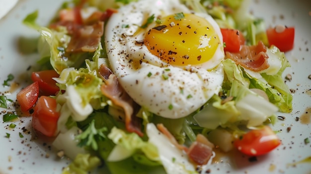 Salada com ovos fritos e vegetais em um plano próximo de um prato branco