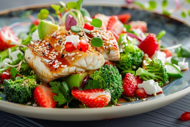 Salada com peixe e frutos do mar fumados Salada com abacate Feta Queijo Morangos Unagi Brócolis