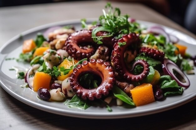 Salada com polvo e frutas cítricas em um prato Pratos requintados de frutos do mar IA generativa