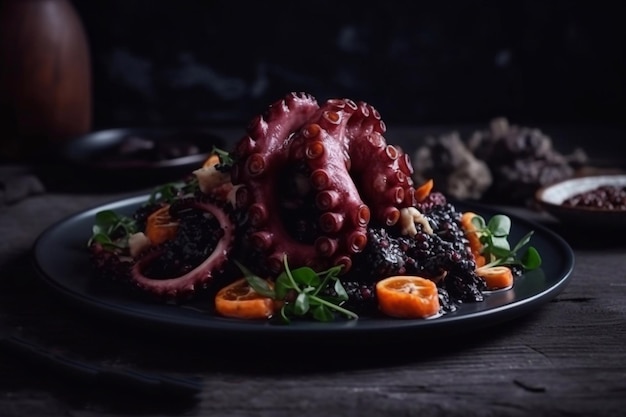 Salada com polvo fundo escuro pratos requintados de frutos do mar ia generativa