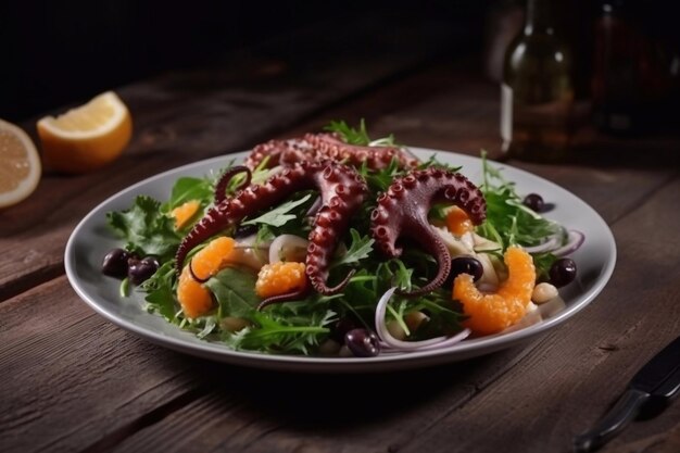 Salada com polvo Fundo escuro Pratos requintados de frutos do mar IA generativa