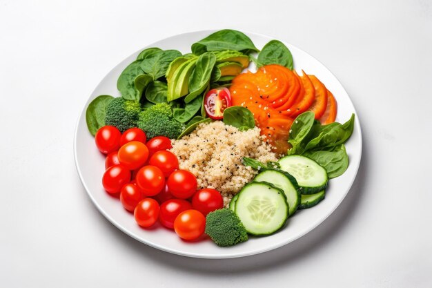 Foto salada com quinoa, espinafre, brócolis, tomate, pepino e cenoura