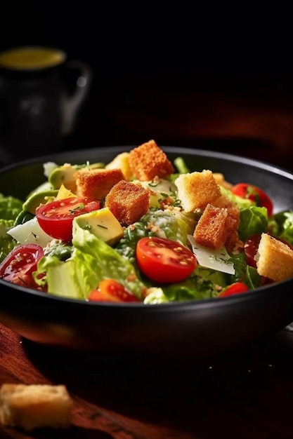 Foto salada crocante picada com tomate de abacate e croutons de pão de milho