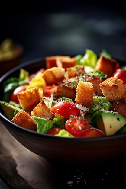 salada crocante picada com tomate de abacate e croutons de pão de milho