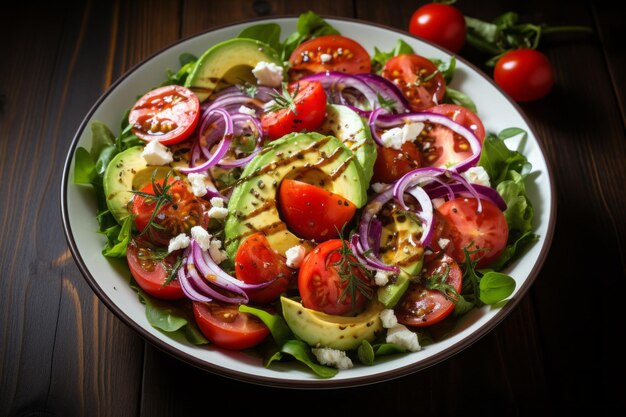 Salada de abacate com tomates cereja pepino cebola vermelha e alface em fundo azul escuro