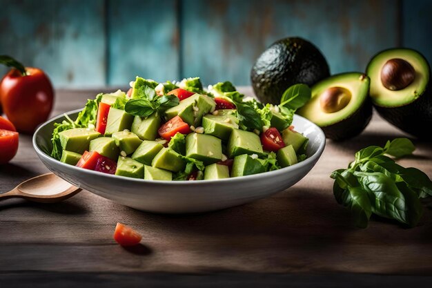 Salada de abacate em uma tigela na mesa de madeira