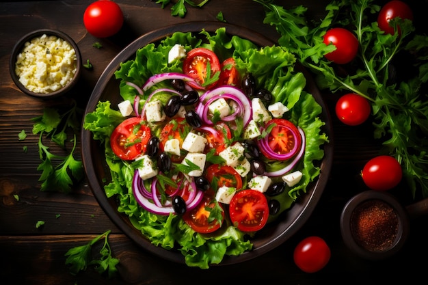 Salada de almoço estilo mediterrâneo, folhas verdes frescas, cebola rosa, alface romana, rúcula e tomate