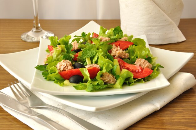 Salada de atum com hortelã e legumes mistos com azeitonas