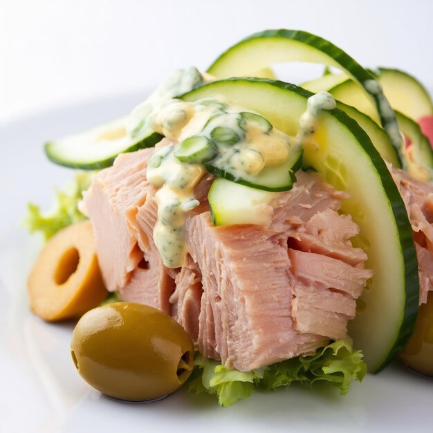 Salada de atum com pepino, maionese, cebola de primavera e azeitona