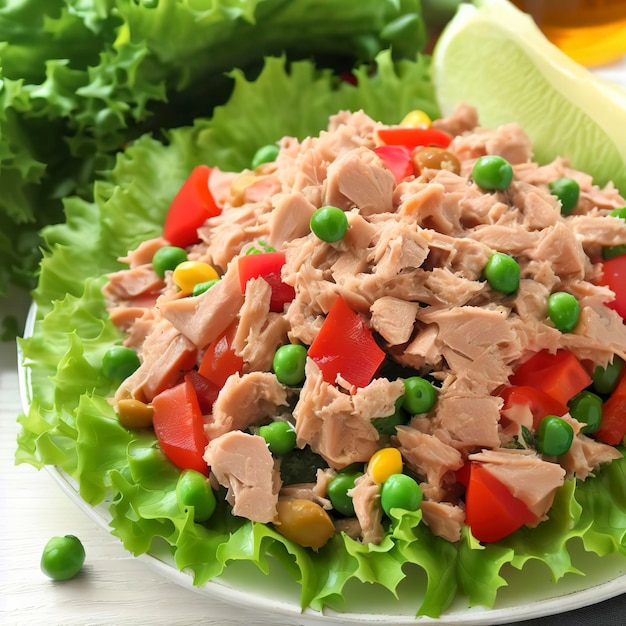 Salada de atum enlatada com legumes em folhas de alface num prato