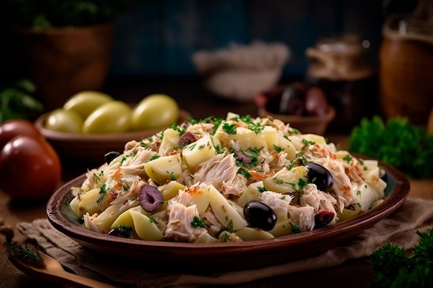 Salada de bacalhau com batatas e azeitonas em prato na mesa de madeira rústica gerada por IA