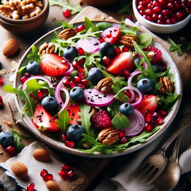 salada de bagas com cebolas vermelhas, nozes de rúcula e arilas de romã