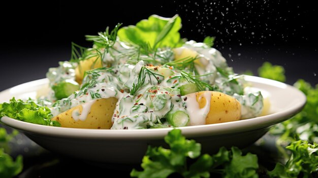 Salada de batata com creme e amendoim sobre um fundo preto