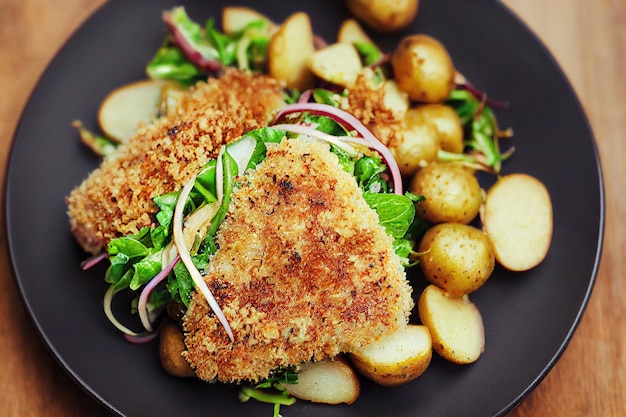 Foto salada de batata com ervas e pedaços de frango frito