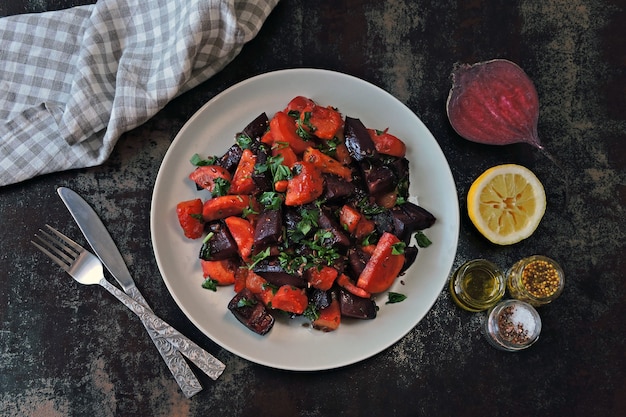 Salada de beterraba com cenoura e abóbora. Salada de limpeza vegana Comida saudável e ecológica.