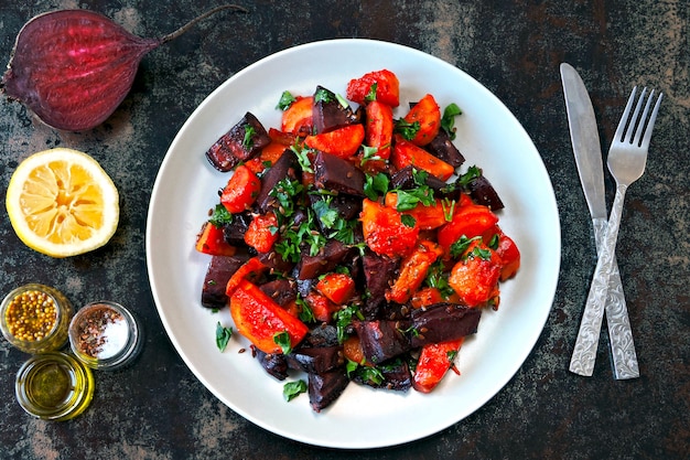 Salada de beterraba cozida, abóboras e cenouras.