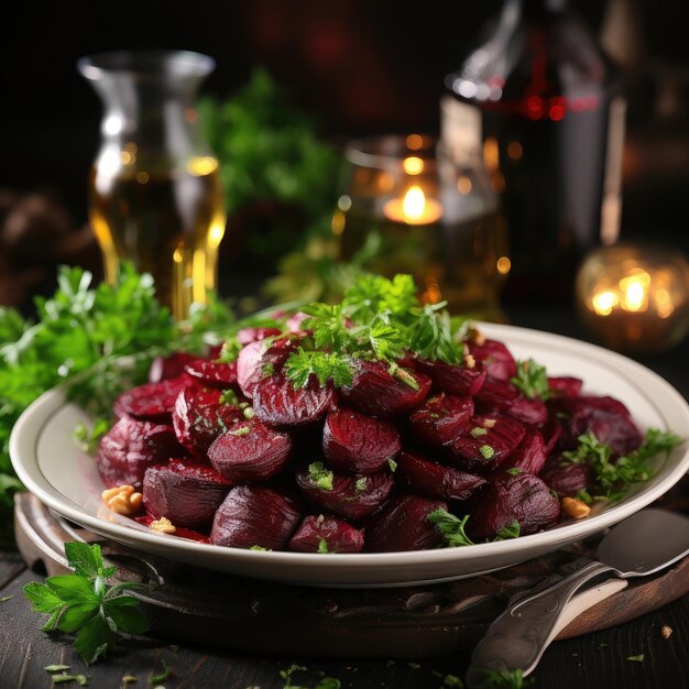 Foto salada de beterraba salada feita com beterraba cozida e em fatias ervas de churrasco